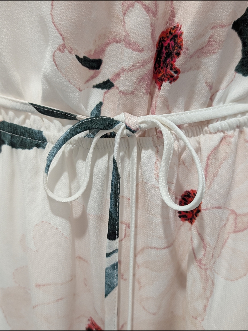 Dynamite Floral Off-Shoulder Tie-Waist Long Sleeve Dress in White and Pink - Picture 6 of 10
